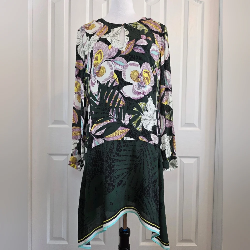 REISS Floral Midi Dress US 12 UK 16 Green Viscose Keyhole Neck Long Sleeve- EUC - Picture 11 of 16